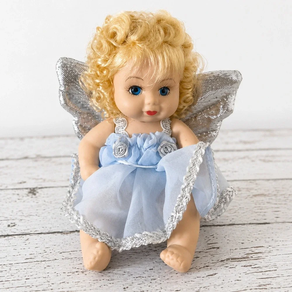Angel Porcelain Baby‎ Doll 5.75 in Blue Dress Silver Wings Blonde Hair Blue Eyes
